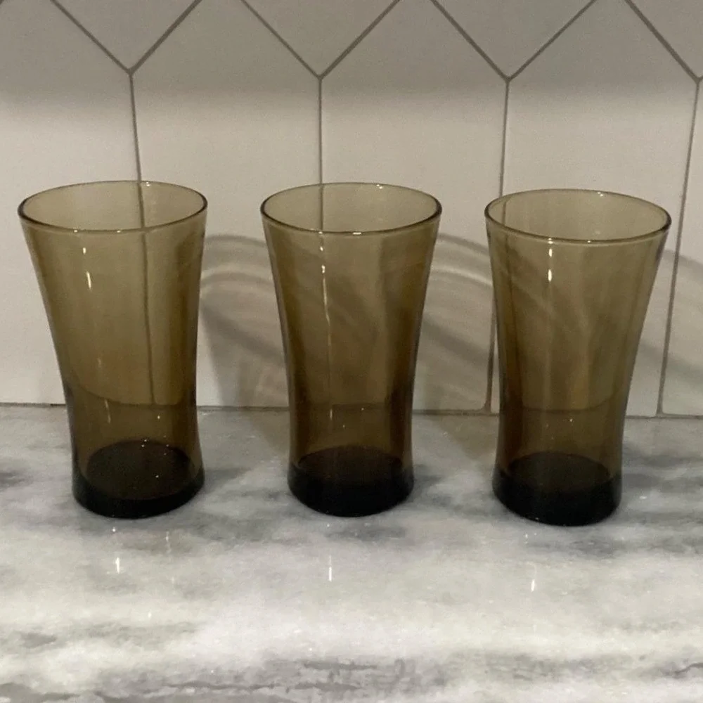 Anchor Hocking Linden Mocha Tumblers,‎ Set of 3, Vintage Tawny Brown Glasses